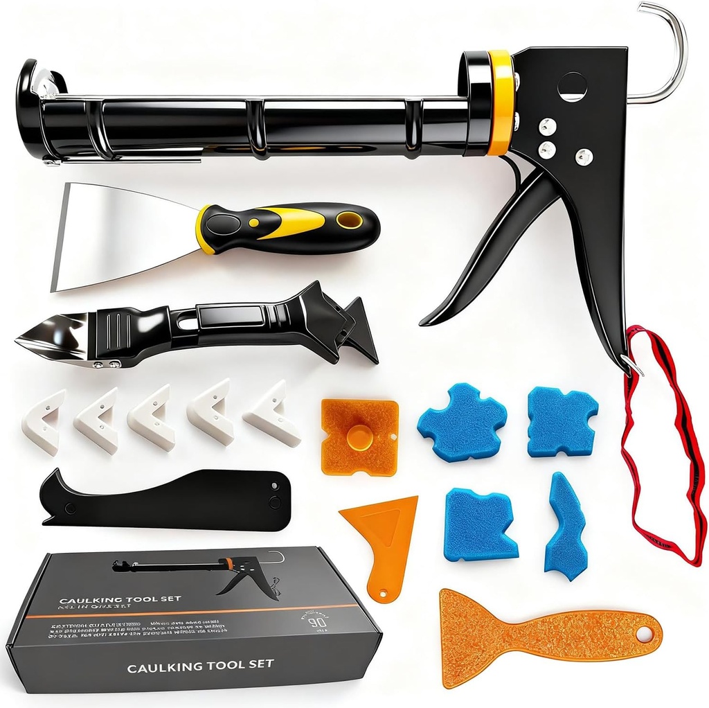 Caulk Gun Kit with Caulk Remover Tool - Smooth Silicone Caulking Gun Set for Caulking Removal, Shower & Bathroom, Includes Caulking Gun Tool, Caulk Scraper Tool Spackle Knife, All in One with Gift Box