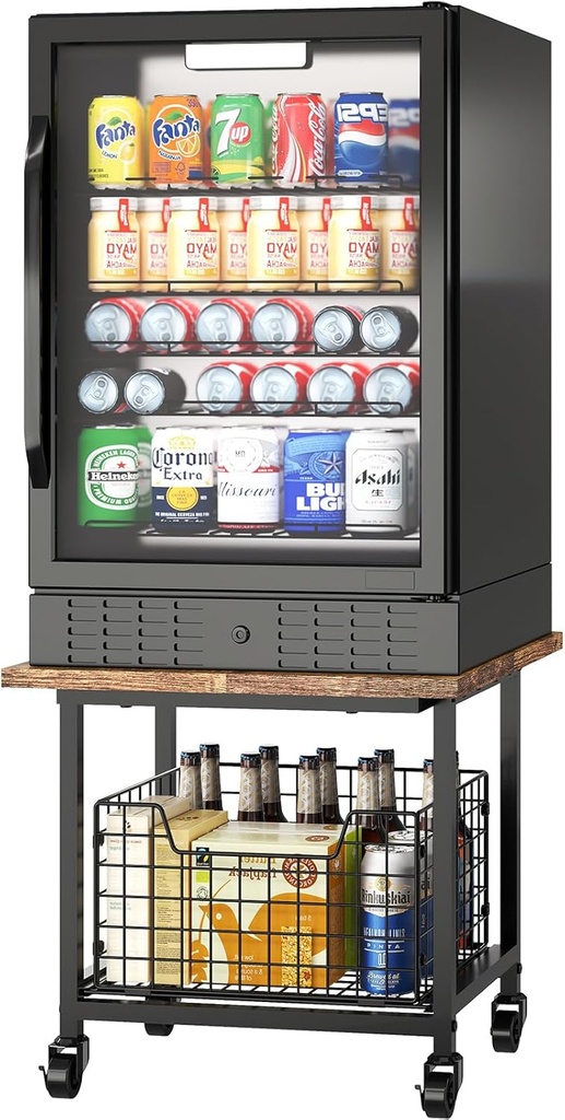 Mini Fridge Stand with Storage, Small Refrigerator Stand with Wheels, Mini Fridge Cabinet-Max Load 300 LBS Heavy Microwave Printer Stand Mini Fridge Cart for Dorm, Apartment, Kitchen, Office (Brown)