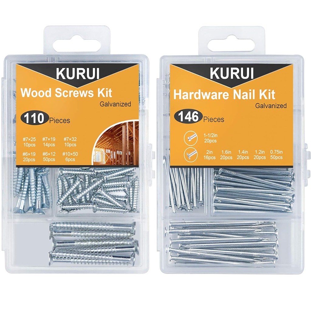 KURUI Hanging Nails and Wood Screws Assorted Kit 256PCS - 110 Philips Flat Head Screws, 146 Picture Hanging Nails, 6 Sizes Small Screws Assortment With Organizer Box