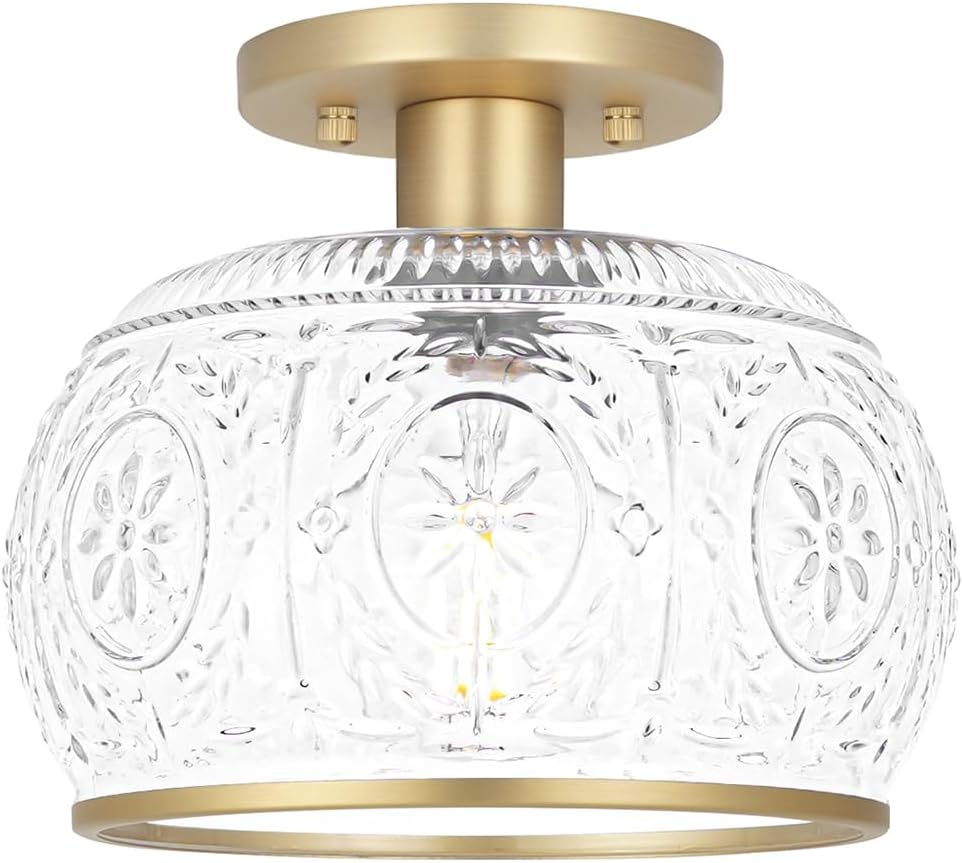 Gold Semi-Flush Mount Ceiling Light with Globe Glass – Vintage Ceiling Lighting for Hallway, Kitchen, Entryway, Bathroom & Closet