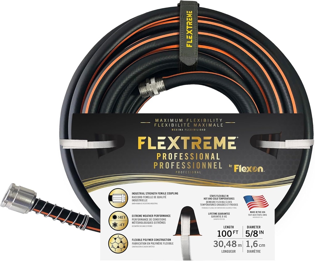 Flexon Flextreme Pro 5/8" x 100ft Performance Rubber Garden Hose – Heavy-Duty, Kink-Resistant, All-Weather Flexibility, Industrial-Grade Couplings, Durable Outdoor Watering Hose for Lawn & Garden