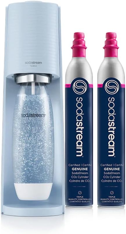 SodaStream Terra Sparkling Water Maker, Includes 2 Quick Connect 60L CO₂ Cylinder & 1 Reusable Bottle, Blue