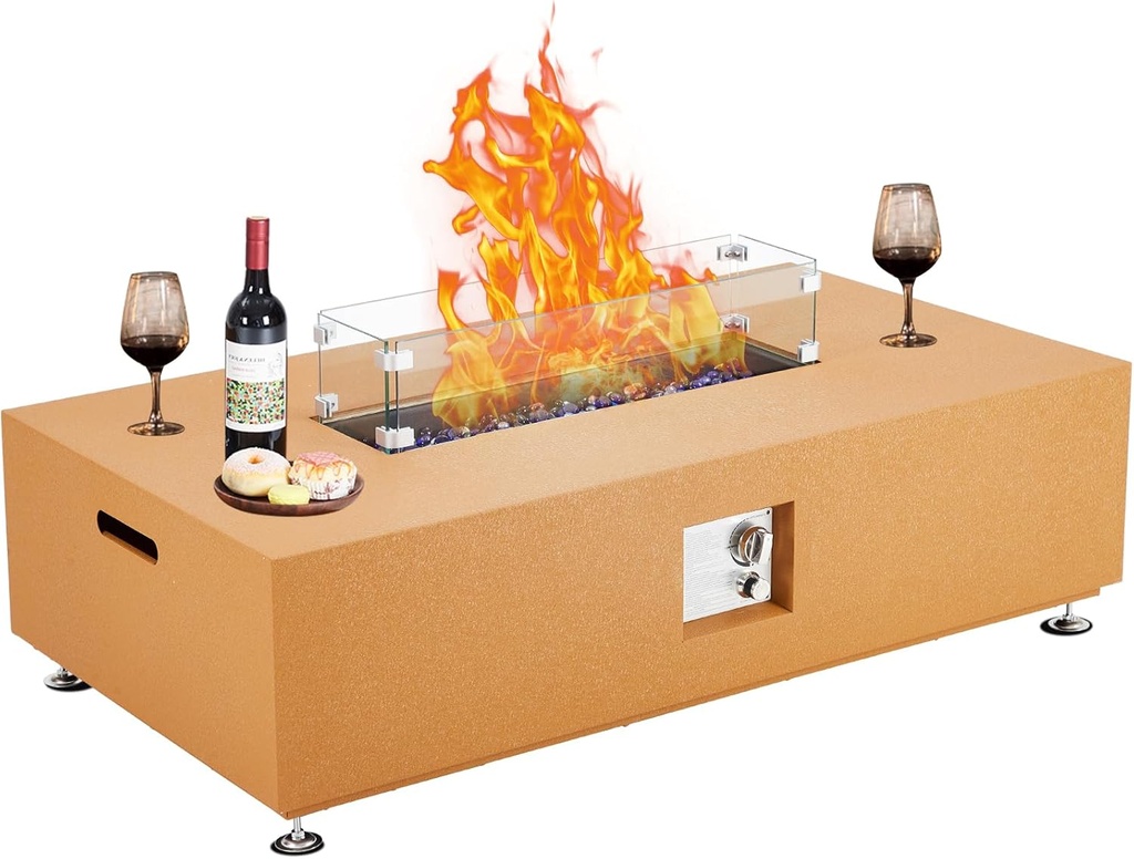 48" Propane Fire Pit Table 50,000 BTU, Dual-Use Rectangular Outdoor Heater w/Wind Guard & Waterproof Cover, Convertible to Dining Table for Patio, Deck, Garden, Yellow