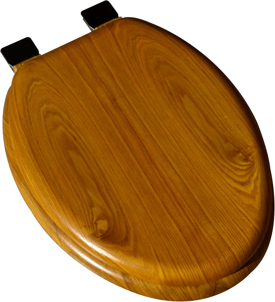 5Q1E1-17BR Natural Wood Toilet Seat with Decorative Finish includes Vari-Adjust Lok-Down R'N'C Hinge, Elongated, Light Oak with Polished Brass