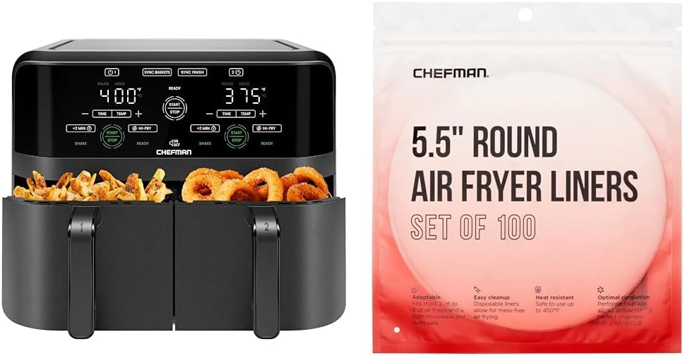 Chefman 6 Quart Dual Basket Air Fryer - Digital Touchscreen, Smart Sync Finish, Hi-Fry, Auto Shutoff & Disposable Air Fryer Liners, Heat-Resistant Parchment Paper For Baskets, 100 Pack