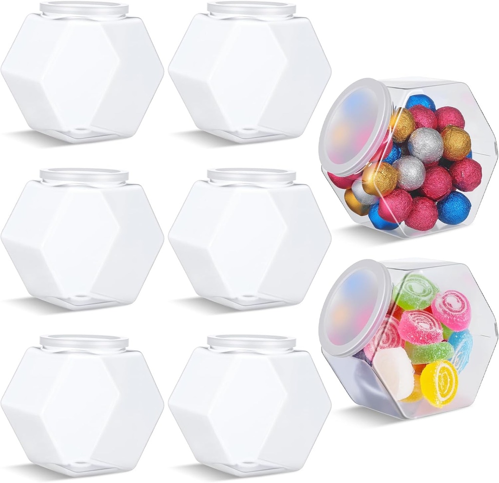 8 Pack Plastic Candy Jars with lids, 30 OZ Hexagon Plastic Jars Clear Cookie Jar Hexagon Candy Containers Cookie Jar for Kitchen for Candys Buffet, Snack, Coffee Pod, Dog Treat, Kitchen Storage