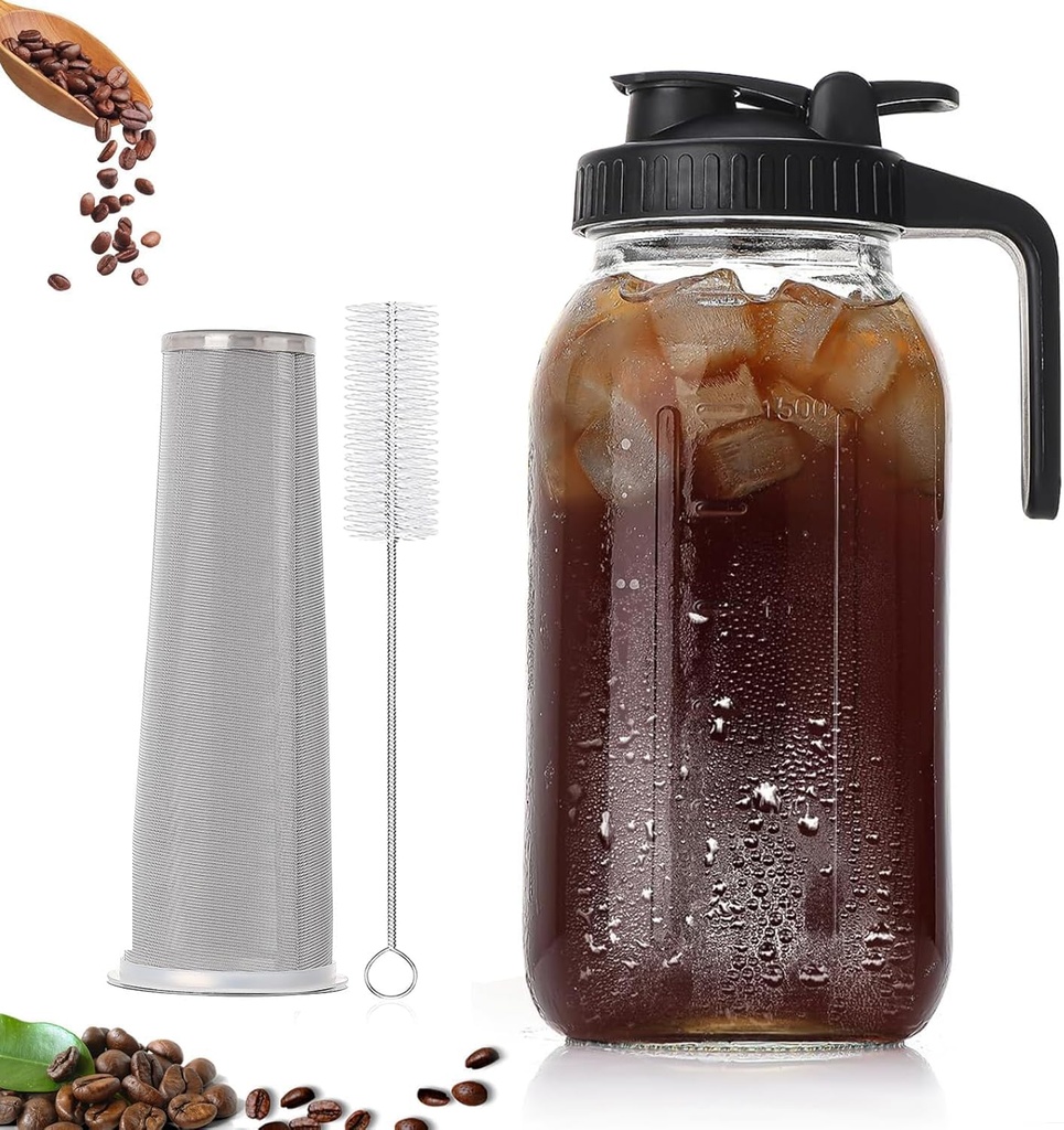 Cold Brew Coffee Maker 64 oz,2 Quart Glass Pitcher with Lid for Fridge,Mason Jar Pitcher