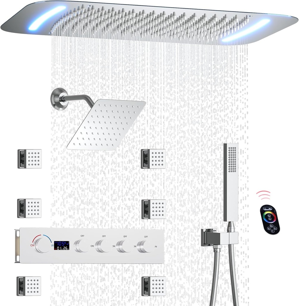 Shower Faucet Set Dual Shower Heads Shower System with 16X26 Inch LED Rain ShowerHead and 8 Inch Side Showerhead,Digital Display Shower Set with Body Jets and Handheld Spray (Chrome)