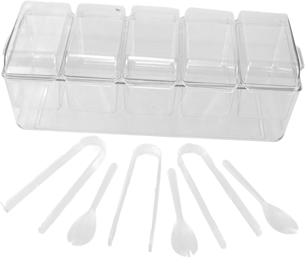 Multi-compartment Condiment Server Set Section Food Dispenser for Salad Fruit Ice Includes Tongs and Forks for Easy Serving for Home and Outdoor Use