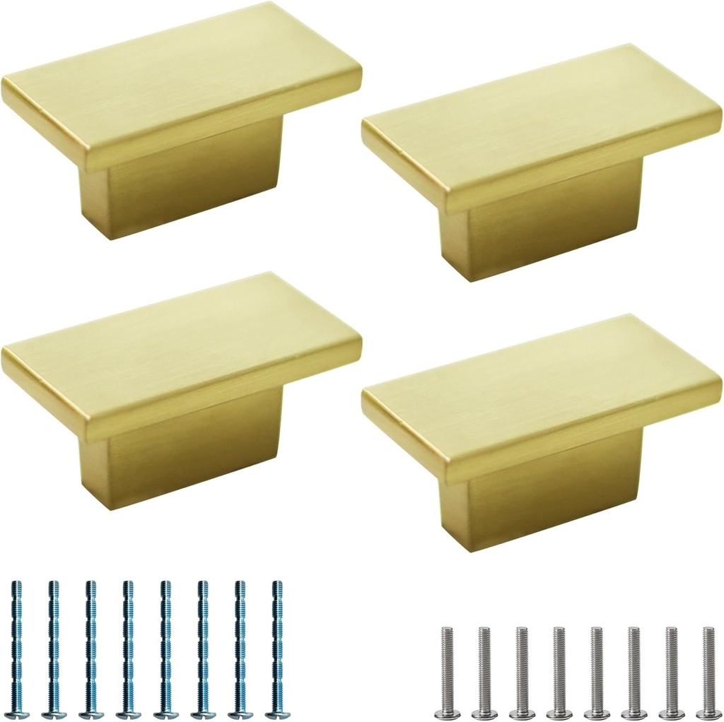 4Pcs 1.5"(39mm) Rectangle Drawer Knobs, Brushed Gold Cabinet Knobs, Solid Zinc Alloy Kitchen Hardware Pulls for Dresser, Cupboard, Bathroom Vanity