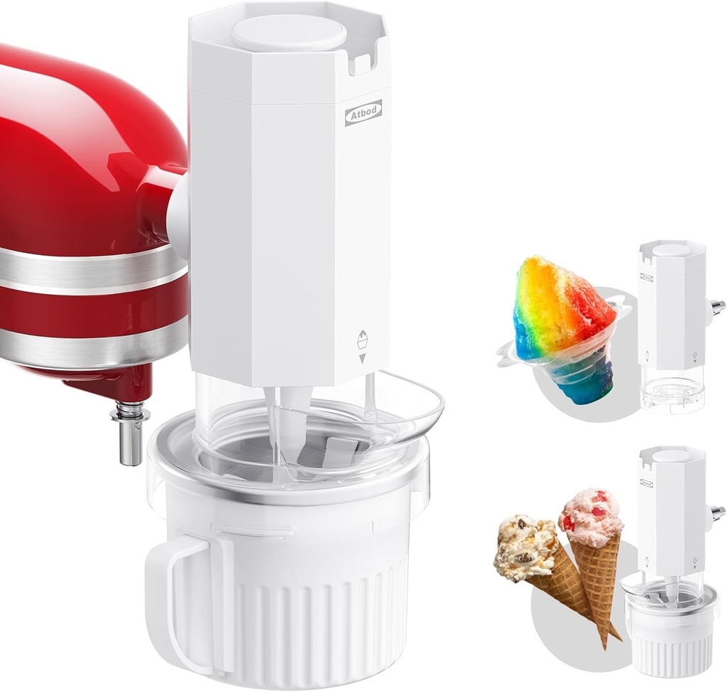 2 in 1 Ice Cream Maker and Shaved Ice Attachment for KitchenAid Stand Mixers, 2 Small Ice Cream Bowls, Snow Cone Machine with Coarse and Fine Blades, 8 Ice Molds
