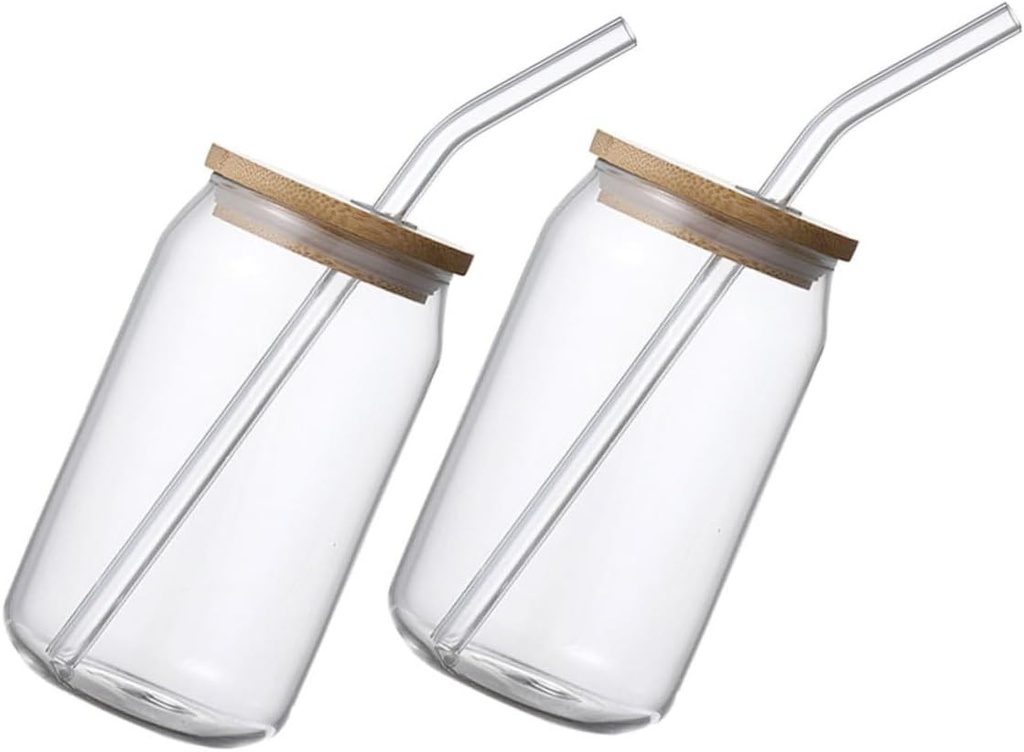 Garneck 2pcs Glass Cups with Lids and Straws Portable Juice Drinking Glasses for Cold Beverages Flat Bottomed Mason Jar for Fruit Tea Milk Tea Water and More