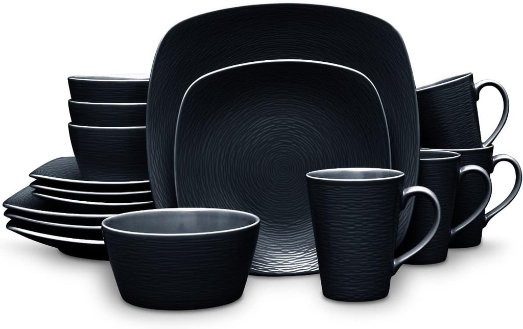 Noritake Colorscapes Black-on-Black Swirl 16-Piece Square Dinnerware Set, Service for 4