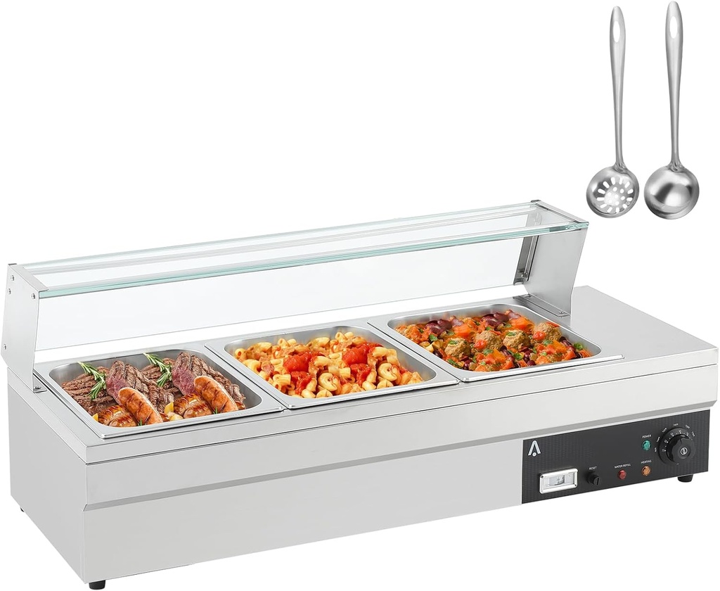 Commercial Buffet Warmer with 3 x 12QT Food Pans - 1500W Electric Steam Table, Tempered Glass Cover, Adjustable Temperature Control (86-185°F), Stainless Steel Design