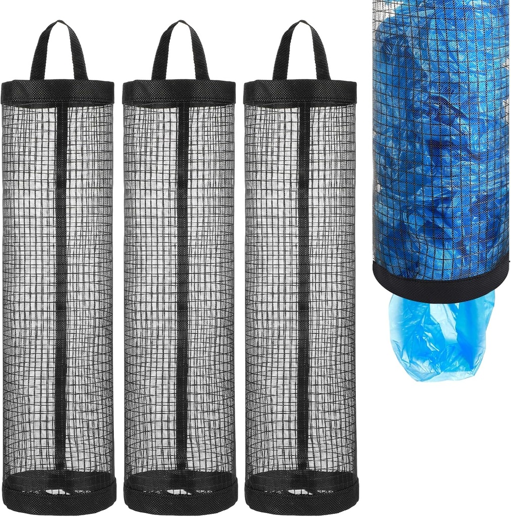 4 Pack Plastic Bag Holder, Grocery Bags Plastic Mesh Hanging Storage Bag Dispenser Trash Bags Holder for Plastic Bags Washable Grocery Shopping Bag Organizer for Home Kitchen, Black