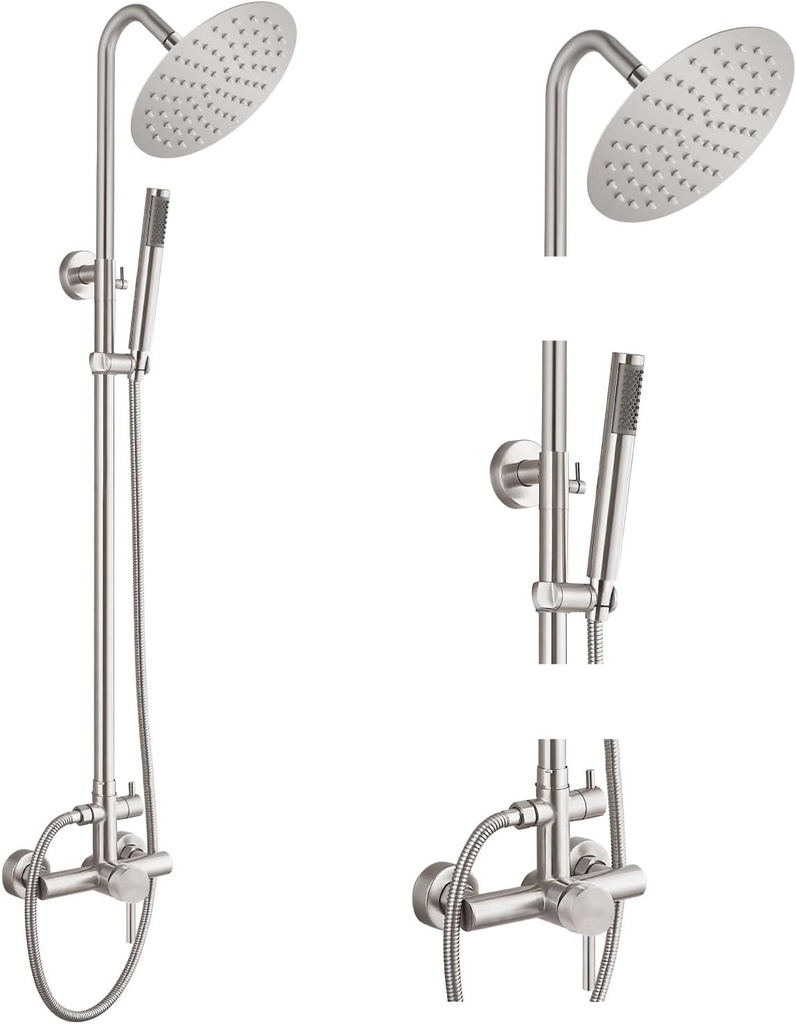 gotonovo SUS304 Outdoor Shower Fixture High Pressure Shower System Wall Mount 2 Dual Function Single Handle Shower Kit with 8 Inch Shower Head and Handheld Spray Shower Faucet Combo, Brushed Nickel
