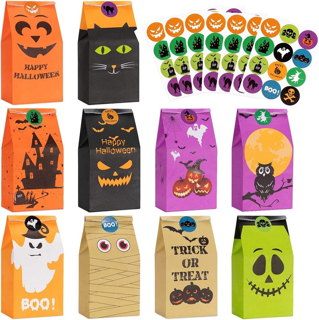 Halloween Treats Bags Party Favors 80 Pcs Kids Halloween Candy Bags for Trick or Treating + 84 Pcs Stickers, Mini Paper Gift Bags for Treats Snacks, Goodie Bags Party Supplies