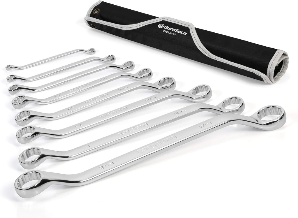 DURATECH 50-Degree Offset Wrench Set, SAE, Double Box End Wrench Set, 8-Piece, 1/4'' to 1-1/4'', 12 Point, CR-V Steel, with Easy Hang Rolling Pouch
