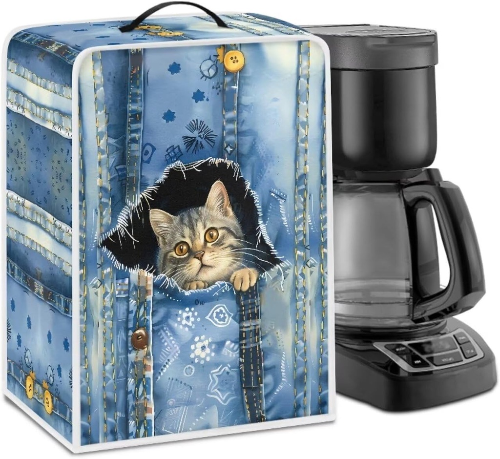 Coffee Maker Covers, Cat Denim Coffee Maker Covers for Kitchen Accessories Coffee Machine Dust Covers Universal Design Compatible with Blender Juicer Food Processor