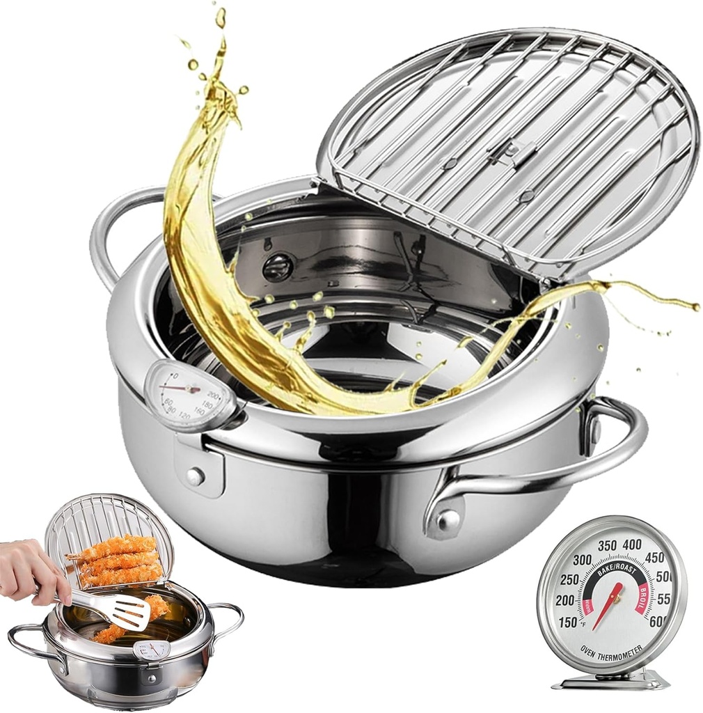 Japanese Deep Fryer Pot Extra Large, Japanese Deep Fryer with Temperature Gauge, Japanese Frying Pot with Oil Drain, Japanese Deep Frying Pot (11in/4.2L)