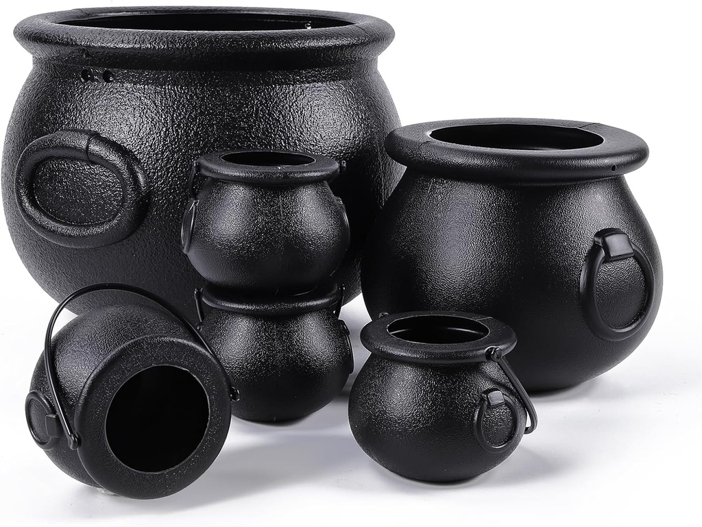 DIYDEC 6 in 1(8.5", 5.5", 4pcs 2.8") Package Halloween Large Cauldron, Black Plastic Witch Cauldron Kettle Halloween Pot Candy Holder for Halloween & St. Patrick’s Day Party Party Favors Decor