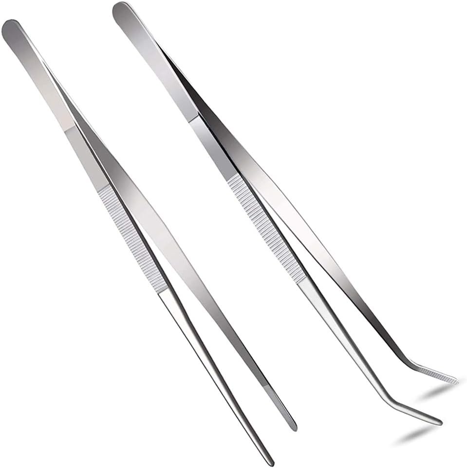 2 Pcs 12 Inch Long Handle Stainless Steel Straight and Curved Tweezers Nippers, Set with Serrated Tips Comfortable Ridged Handle for Garden, Kitchen, Indoors and Outdoors
