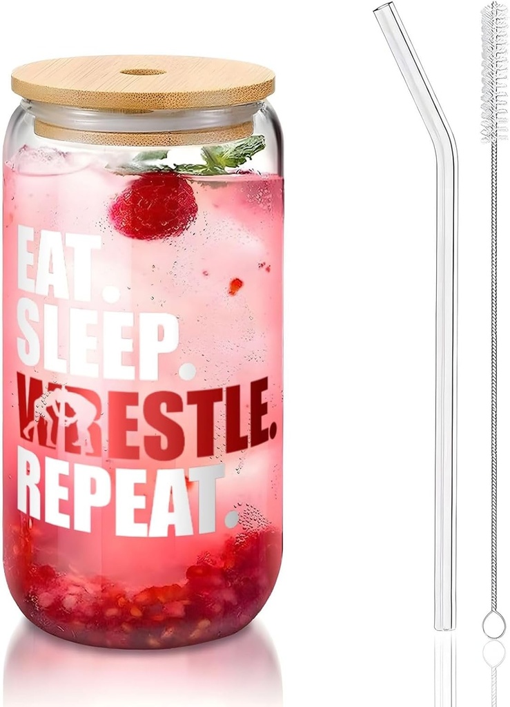 Eat Sleep Wrestle Repeat1 16 Oz Drinking Glasses With Bamboo Lids,Glass Straw And Cleaning Brushes Glass Tea Cup For Iced Coffee,Smoothie,Cocktail,Beer,Whiskey,Soda,Matcha