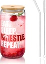 Eat Sleep Wrestle Repeat1 16 Oz Drinking Glasses With Bamboo Lids,Glass Straw And Cleaning Brushes Glass Tea Cup For Iced Coffee,Smoothie,Cocktail,Beer,Whiskey,Soda,Matcha