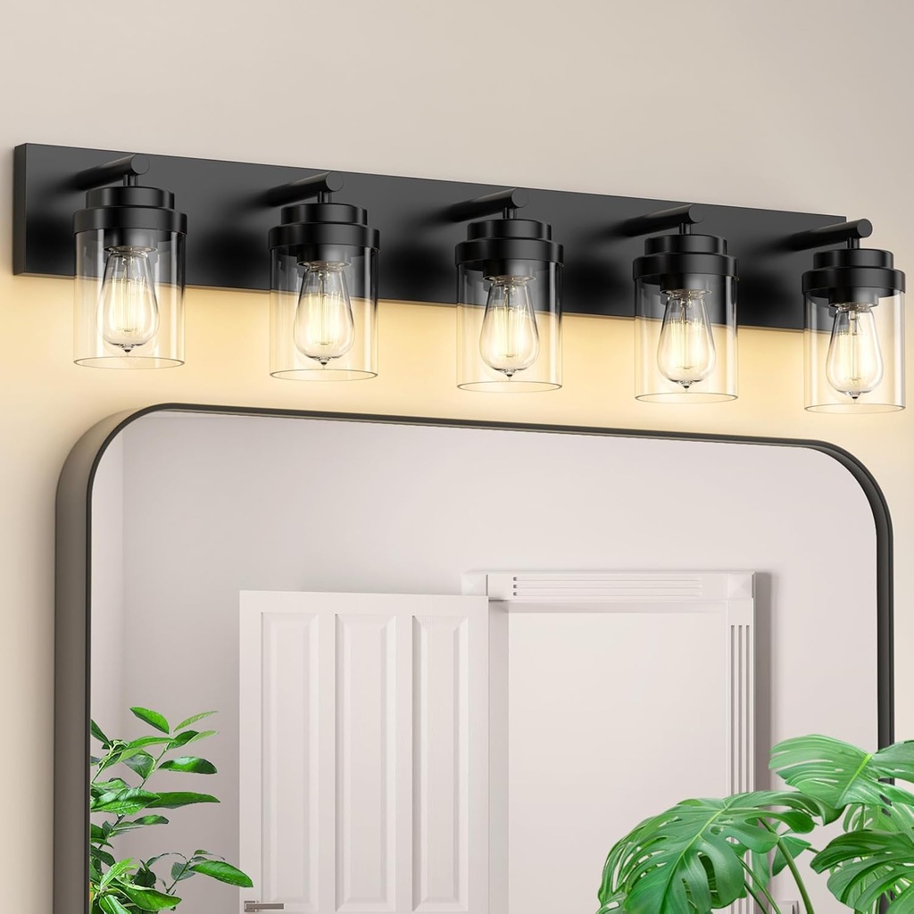 IZORRO Bathroom Vanity Light Fixture, 5-Light 36 Inch Matte Black Bathroom Light Fixtures Over Mirror, with Clear Glass Shade, Modern Farmhouse Vanity Lights, Rustic Restroom Lighting Fixtures
