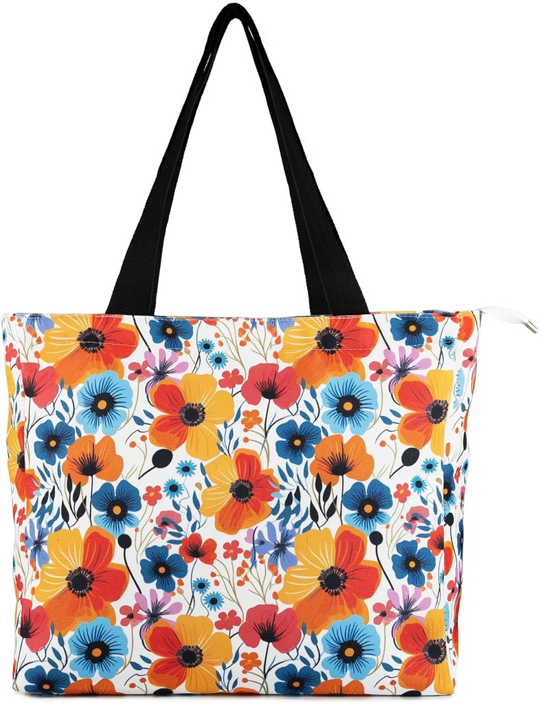 Women's Tote Bag with Zipper, Thick Canvas, Vibrant Print, Wide Strap - Reusable Shopping Bag for Work & Daily