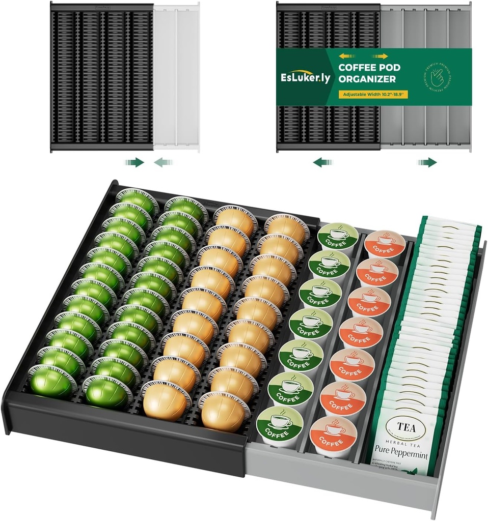 EsLuker.ly K Cup Coffee Pod Holder Organizer, Plastic Coffee Tea Drawer Insert for Counter, Expandable Storage Tray Compatible with Nespresso Vertuo Capsules, Customizable for Various Pod Sizes