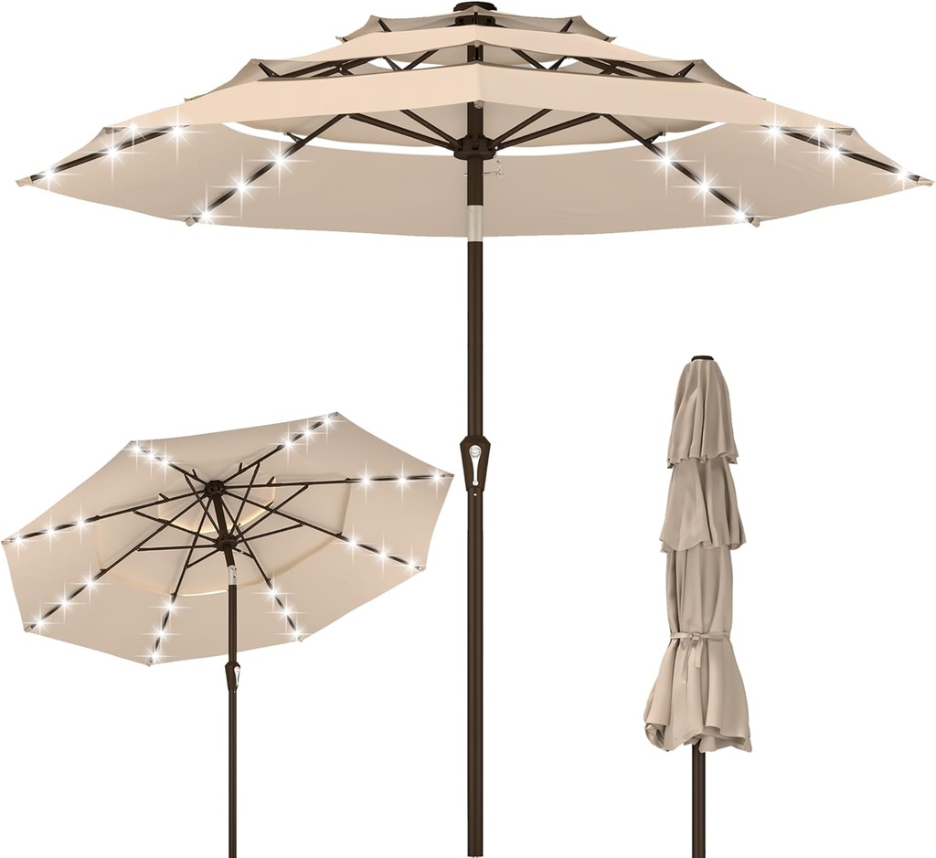 Kingdura 10ft 3-Tier Patio Umbrella with Solar Lights, Table Umbrella Outdoor Patio with Easy Crank & Tilt, 8 Sturdy Ribs, UV Protection, 32 LED Lights for Deck, Poolside, Market (Beige)