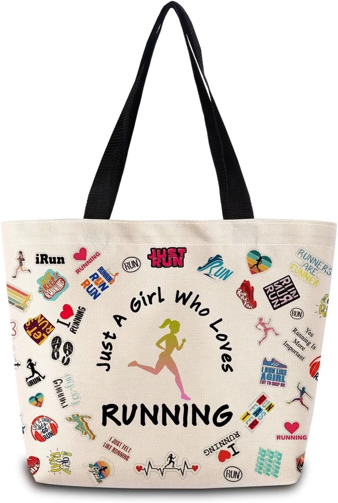 Just Love Running Tote Bag Reusable Grocery Bags Aesthetic Shopping Shoulder Handbag with Interior Zipper Pocket Stylish Running-themed Present for Runners Women