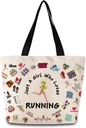 Just Love Running Tote Bag Reusable Grocery Bags Aesthetic Shopping Shoulder Handbag with Interior Zipper Pocket Stylish Running-themed Present for Runners Women