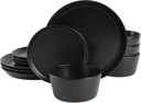 Gibson Soho Lounge Sofia Coupe 12-Piece Stoneware Dinnerware Set, Service for 4 – Black Plates and Bowls