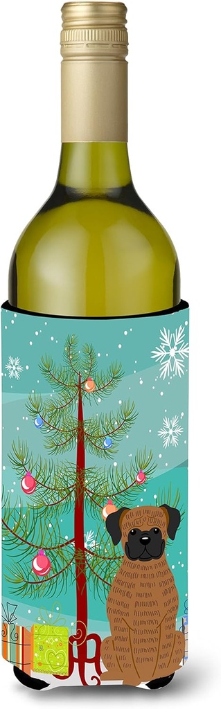 Caroline's Treasures BB4242LITERK Merry Christmas Tree Brindle Boxer Wine Bottle Hugger Bottle Cooler Sleeve Hugger Machine Washable Collapsible Insulator Beverage Insulated Holder