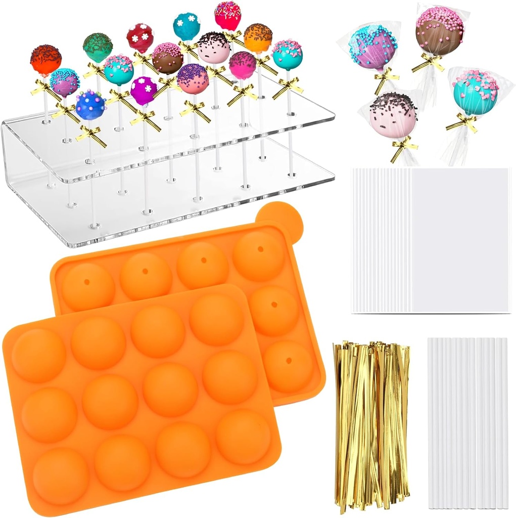 302Pcs Cake Pop Mold Set, Hoedia 12 Cavity Silicone Cake Pop Maker Mold with 100 Cake Pop Stick, 100P Candy Bags, 100P Gold Ties, 15-hole Acrylic Lollipop Holder for Making Lollipop Kits