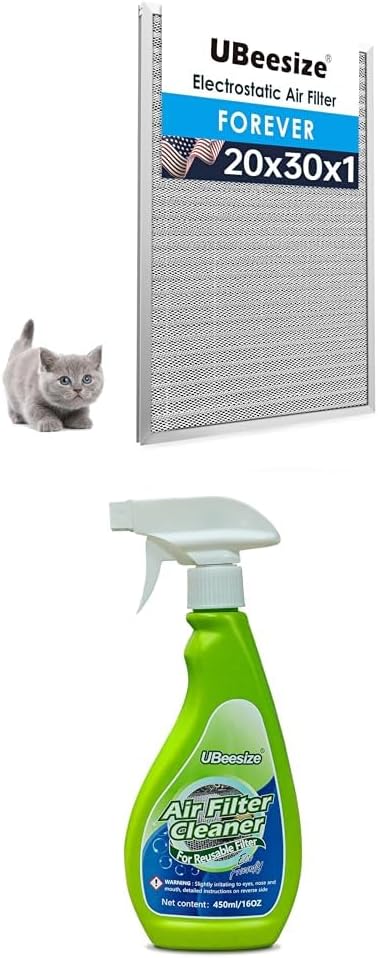Bundle of UBeesize 20x30x1 Reusable Electrostatic Air Filter+ UBeesize HVAC Air Furnace Filter Cleaner 16 Oz,Fresher Air Filter Spray Bottle,Prolong Air Filter Life for Reusable Air Filter