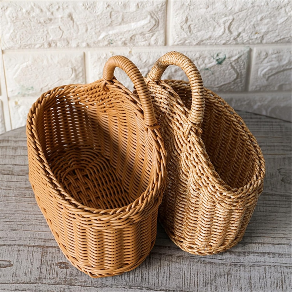 Hanging Woven Rattan Basket - Wall-Mounted Storage Rack with Hook, Plastic Wicker Baskets for Organizing Kitchen Bathroom Bedroom, Fantastic Small Hanging Basket for Home Decor Light Brown