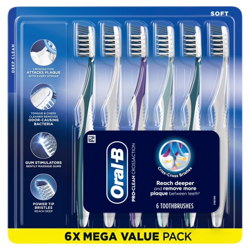 Oral-B Pro Health CrossAction Plaque Removal toothbrushes, 6 Count Toothbrush Soft, Deep Reach in Tight Spaces, Tongue Scraper Tooth Brush, Plaque Fighter, Gentle on Teeth, Gum stimulators