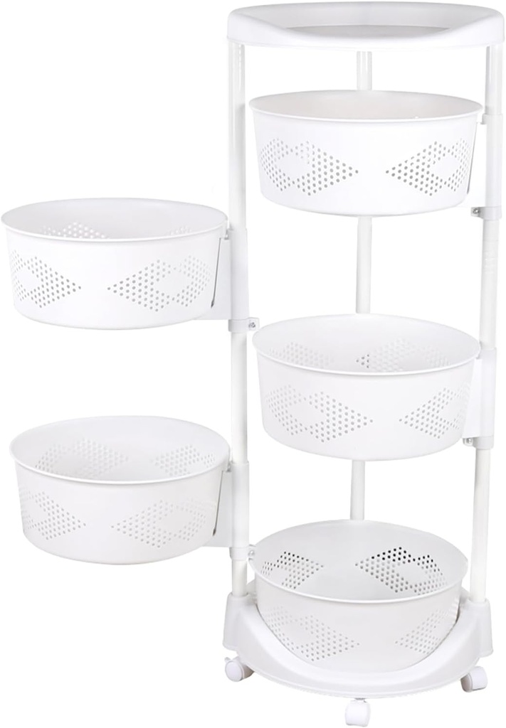 5 Tiers Round Rotating Kitchen Storage Shelf Fruit Vegetable Storage Basket, Large Storage Rack with 360 Degree Wheels and Top Lid, for Kitchen, Home Decor, Bathroom, Etc