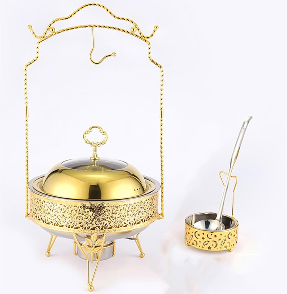 Esdon Buffet Pan with Hanging Lid - Buffet Food Warmer Set, Buffet Utensils and Warming Equipment, Stainless Steel Buffet Crock Pot, Heatable Buffet Tea Tray Set(Size:6.0L,Color:Gold)