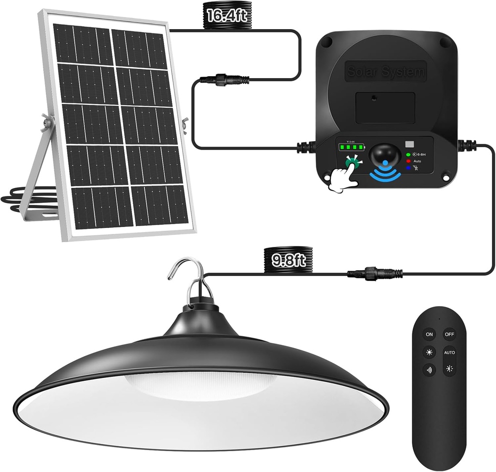 Solar Shed Lights Indoor Outdoor, 3200LM Motion Sensor Pendant Light Daytime Available with Remote & Button Control, IP65 Waterproof 4 Lighting Modes for Barn Garage Gazebo Chicken Coop Shop - 1 Pack