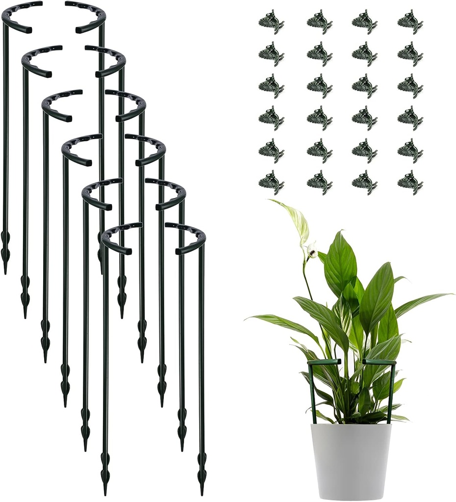12 Pack Plant Support Stakes with 24 Pcs Clips, Half Round Ring Plastic Cage Holder Flower Pot Climbing Trellis for Small Vegetable,Indoor Plants