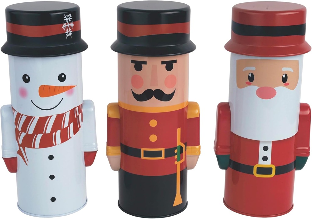 DAHO 3pc Christmas Characters Novelty Shaped Tin Canisters with Lid Nutcracker Snowman Santa, Cookie Candy Tin Containers for Storing Treat Chocolate Wrapping Party Favor Supplies (1set (3pc))