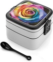 Stackable Double-Layer Bento Box Rainbow Rose Flower Adults Lunchbox with Spoon Cute Japanese Bento Box Dishwasher Safe for Work Travel Dining Outc