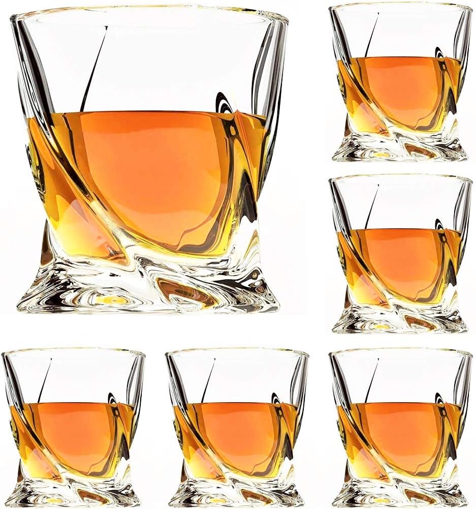 Premium Crystal Whiskey Glasses Set of 6 Large Lead-Free Crystal Glass Tasting Cups Scotch Glasses Tumblers for Drinking Irish Whisky Bourbon Tequila (Twist, 6 * 10 oz)
