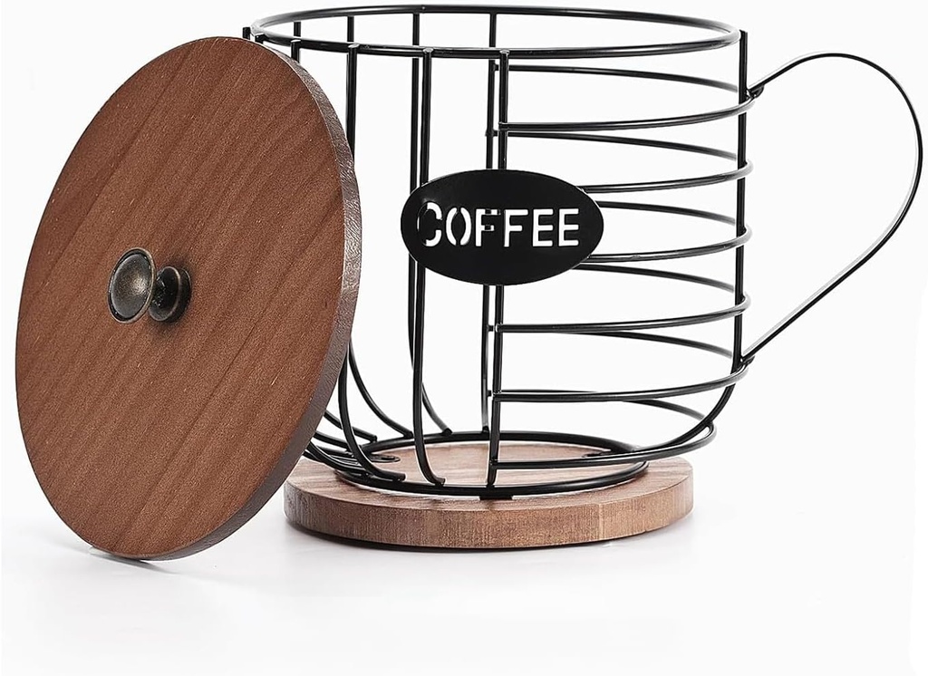 K Cup Storage Basket Round Coffee Basket Decor with Wooden Lid for Kitchen Countertop for Pods