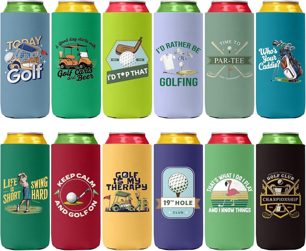 Golf Beer Slim Can Sleeves, 12 Pack Golf Party Favors Skinny Beer Cozy Bulk Reusable Neoprene Drinking Can Coolers Holder Funny Gifts for Golfers