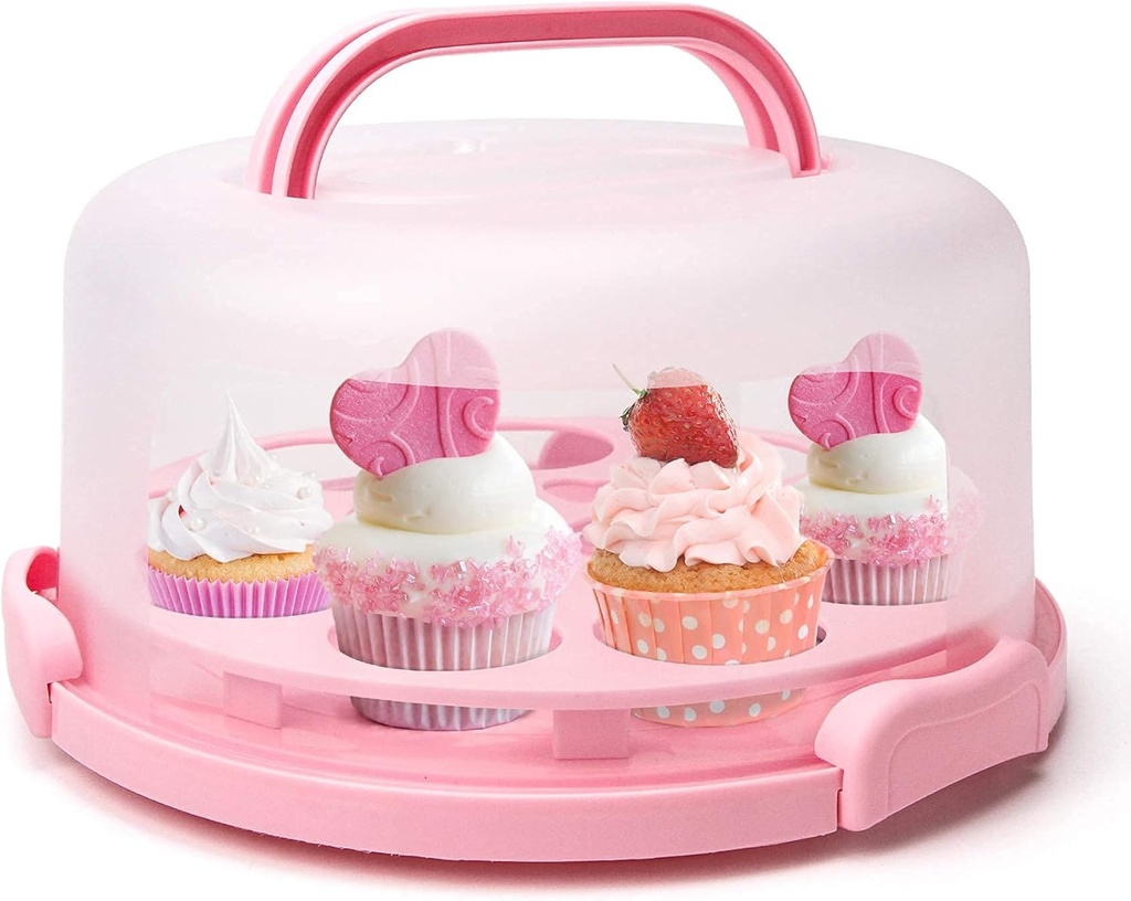 Portable Cake Carrier with Handle, Round Cupcake Holder with Lid, Plastic Storage Container Box fit 10 inch Cake, 3-Locking Muffin and Pies Keeper with Cover (Pink)